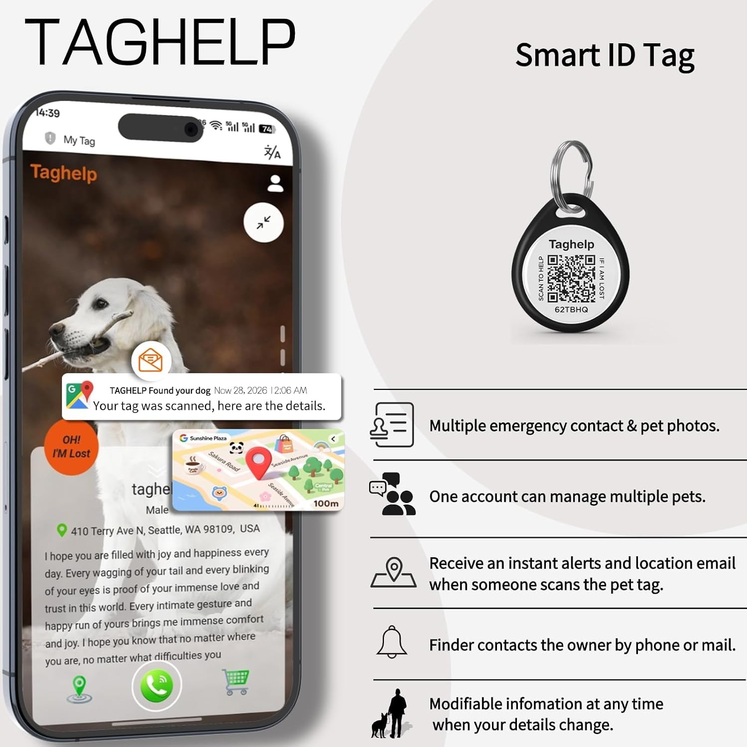 QR Code Dog ID Tag for Collar, Smart Pet ID with Instant Location Email Alert…