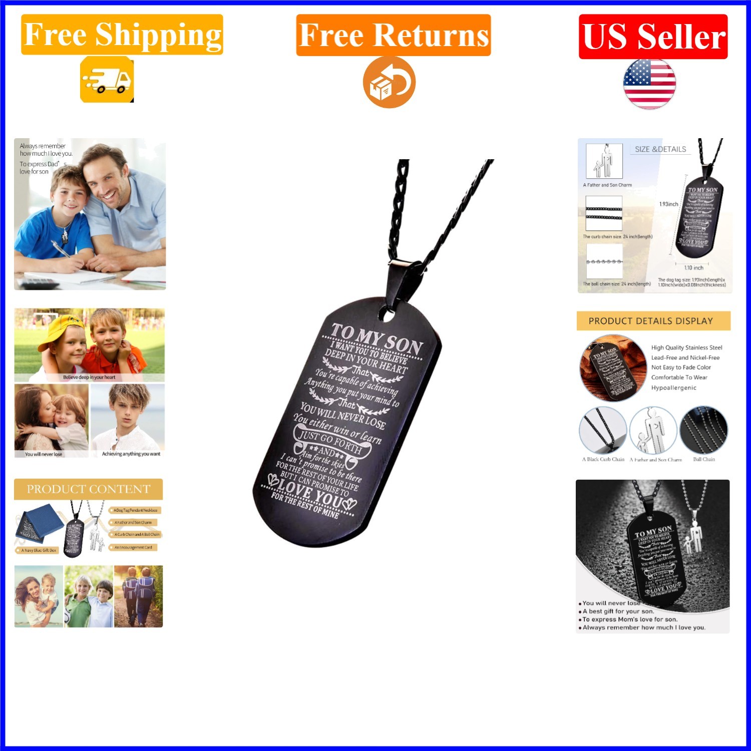 Men’s Engraved Black Stainless Steel Dog Tag Necklace 24in Chain