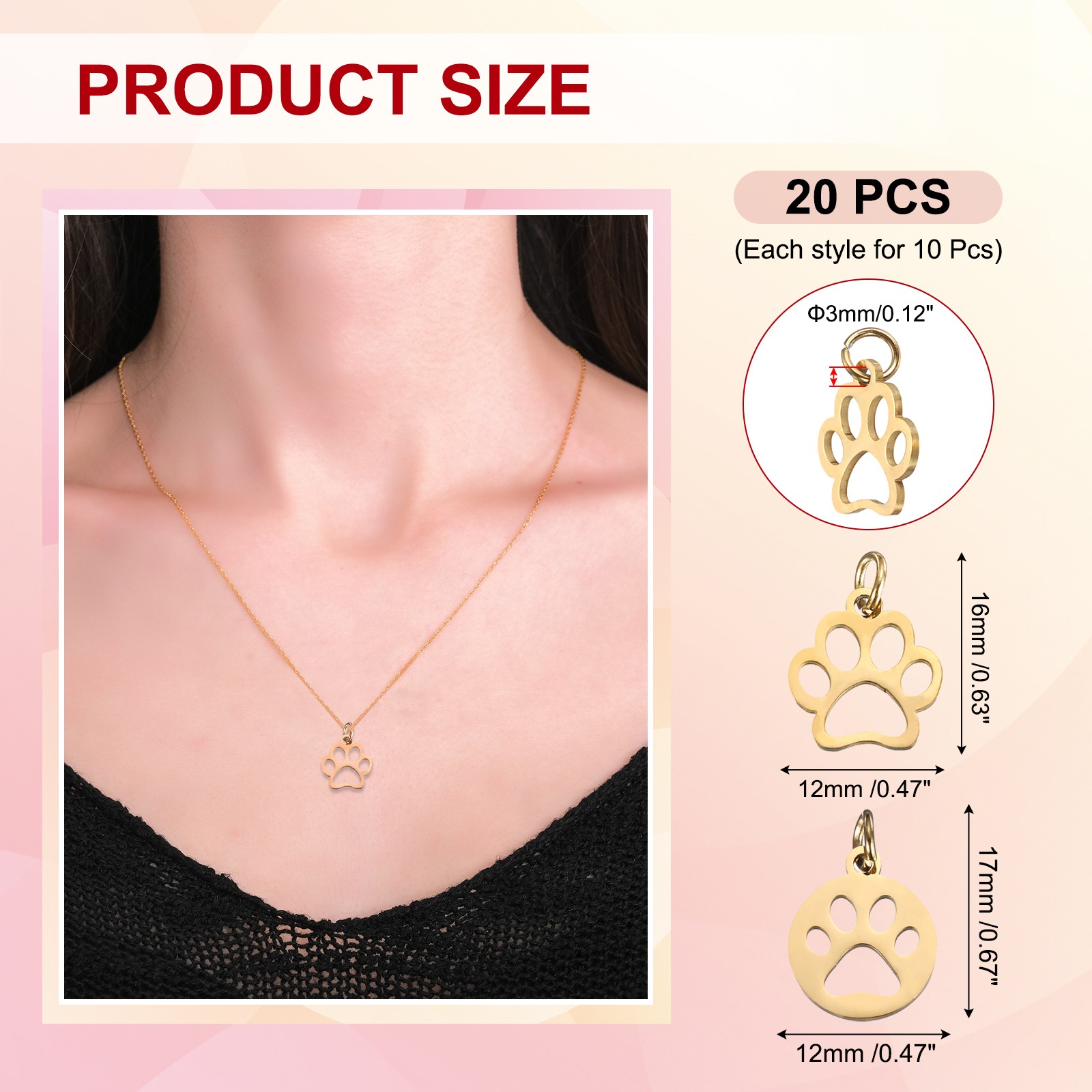 Dog Paw Print Charms Set 3mm, 20 Pcs Cat Dog Paw Pendant, Gold
