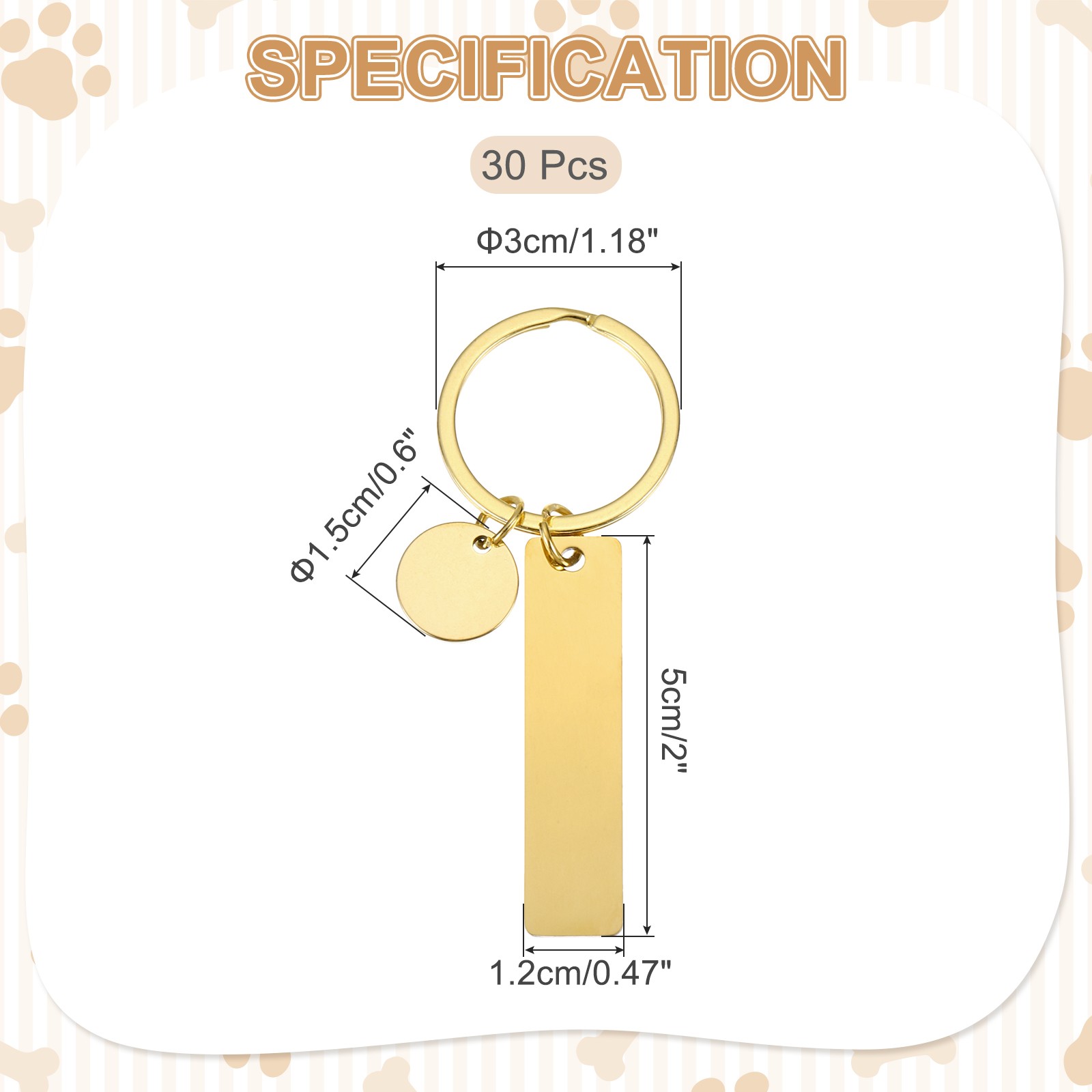 30Pcs Metal Engraving Keychain Blanks, Gold Tone(Rectangular)