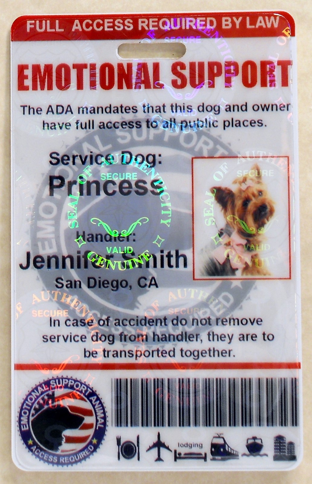 HOLOGRAPHIC EMOTIONAL SUPPORT DOG ID CARD FOR SERVICE DOG ADA RATED VERTICAL 0ES