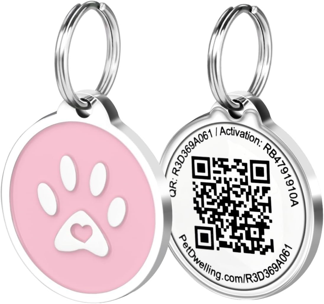 QR Pet Tag for Dogs & Cats – Instant Recovery Alerts & Online Profile Pink Paw