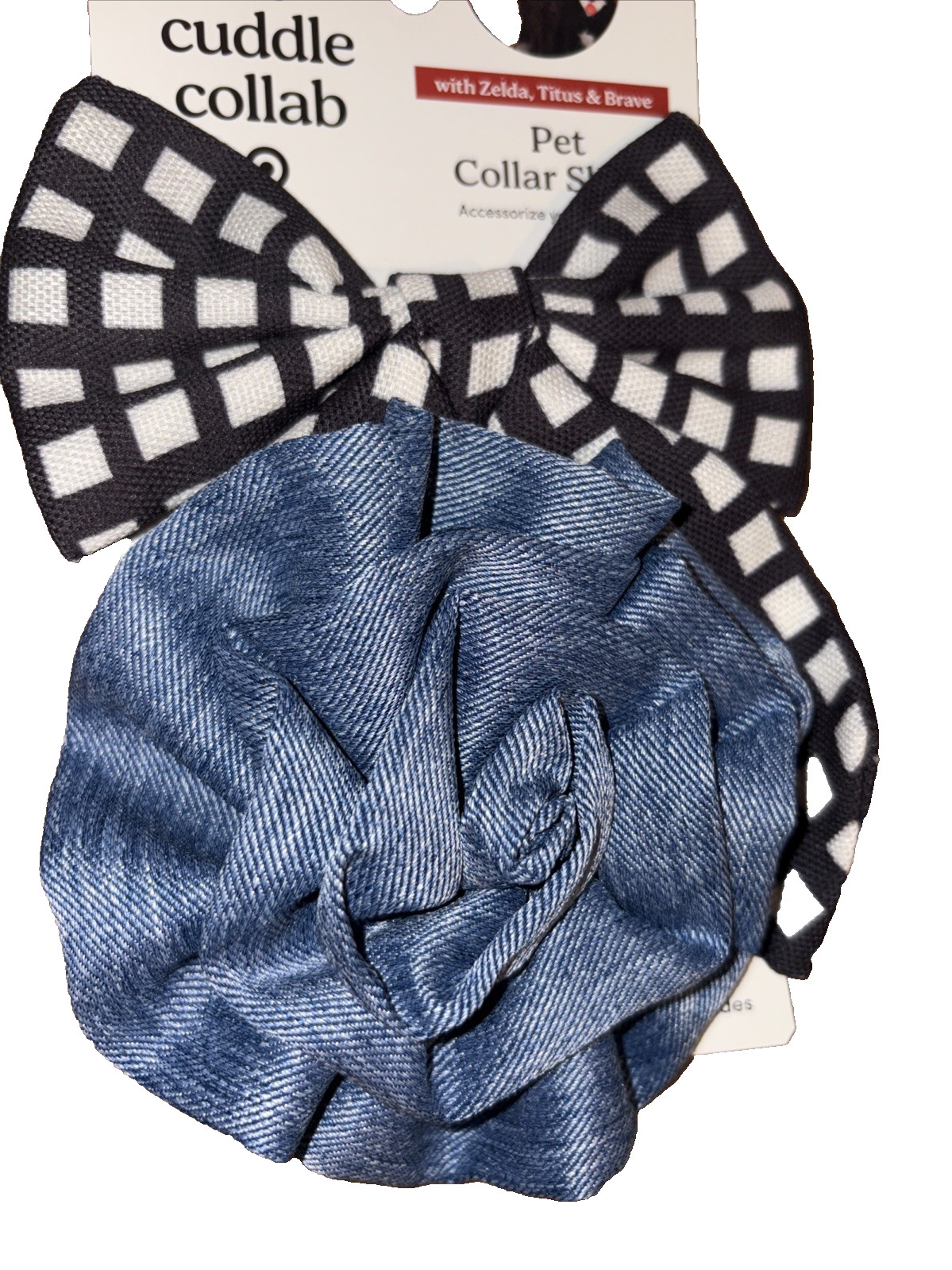 The Cuddle Collab Pet Collar Slides Denim & Black White Plaid Dog Bows New