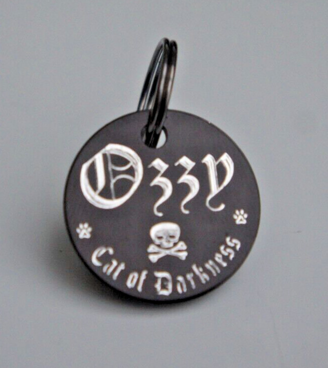 OZZY CAT OF DARKNESS CAT KITTEN PET ID TAG WITH YOUR DETAILS ENGRAVED ON REVERSE