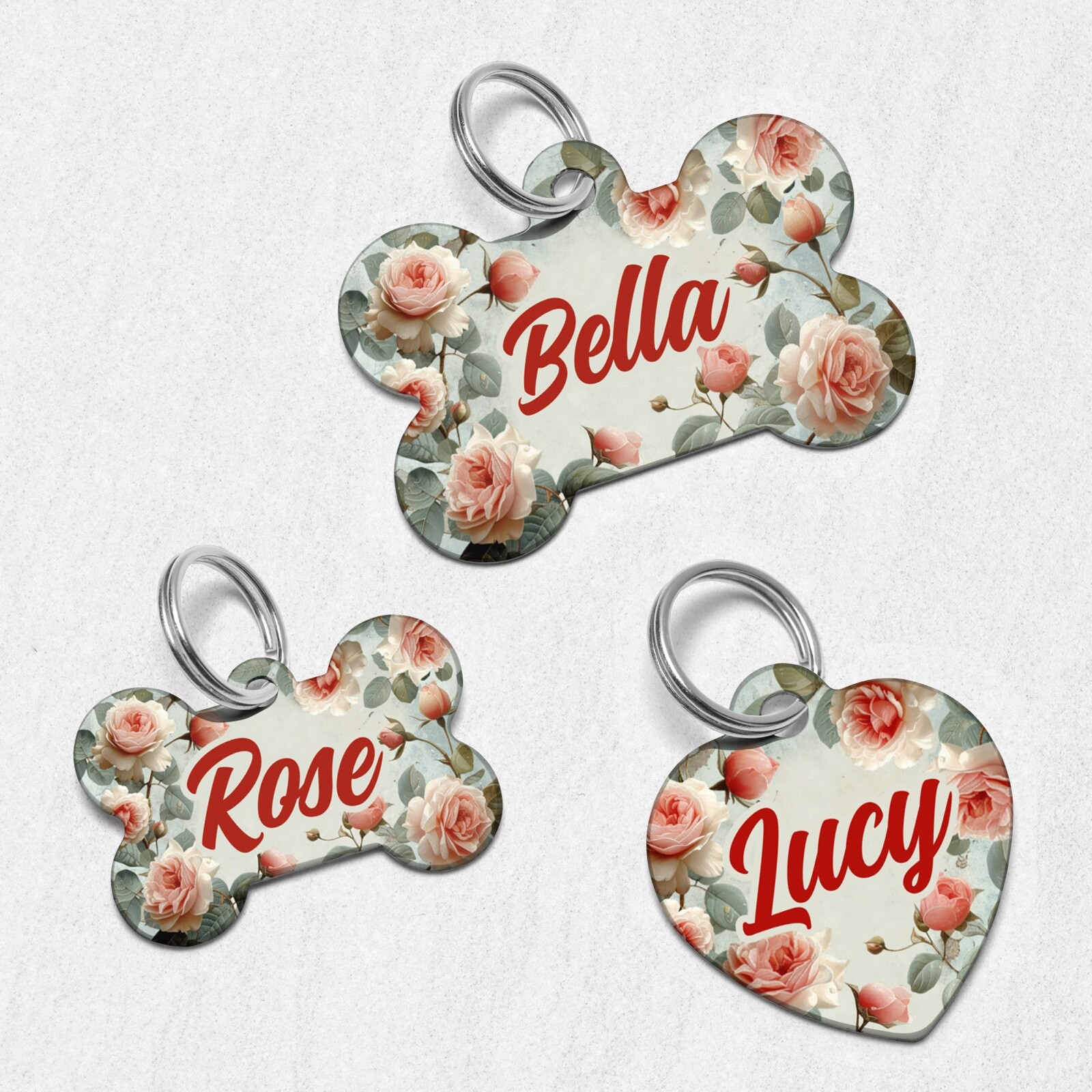 Roses Dog Tag for Dogs, Floral Pet ID Tags, Custom Personalized Flower Puppy Tag