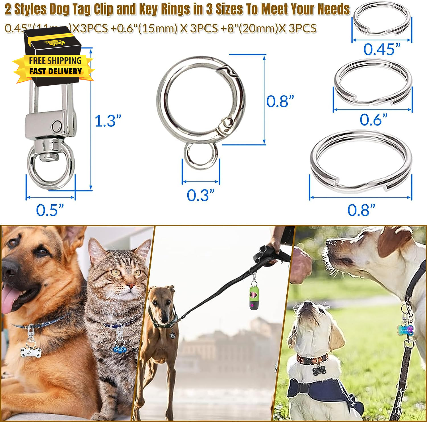 Dog Tag Clips for Collar,With 15Pcs Replaceable Dog ID Name Tag Ring Clip Dog Ta