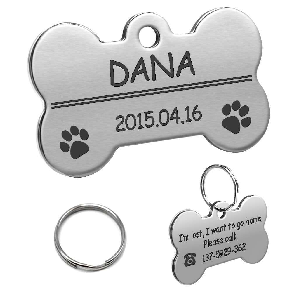 Stainless Steel Personalized Dog Tag Bone Shape Pet Dog ID Name Phone Engraved