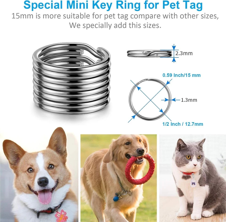20 Pcs Stainless Steel Split Key Rings Assorted Sizes for DIY Dog Pet Collar Tag