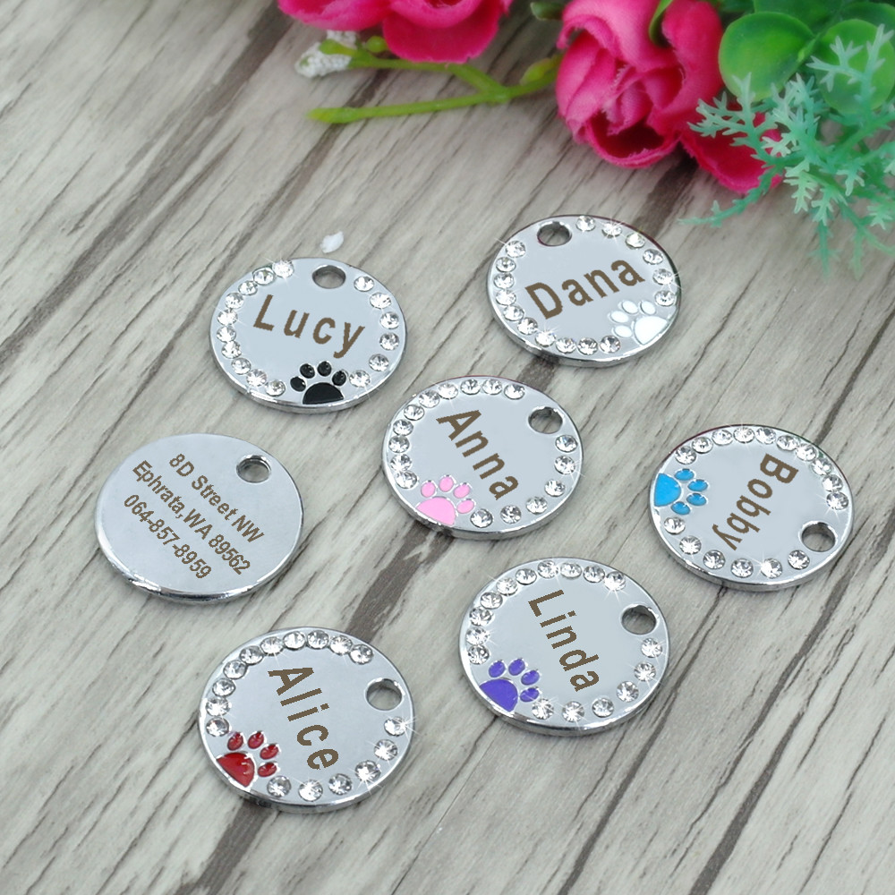 Paw Rhinestone Personalized Dog Tags Pet Cat ID Name Tag Engraved Free Hair Bows