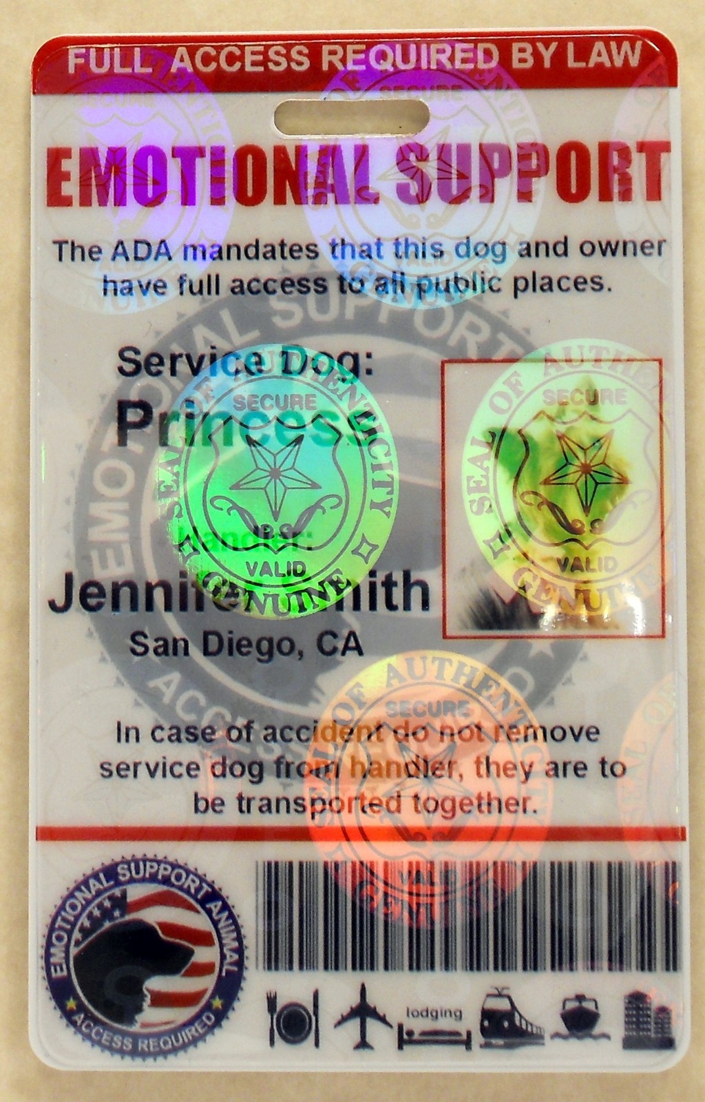 HOLOGRAPHIC EMOTIONAL SUPPORT DOG ID CARD FOR SERVICE DOG ADA RATED VERTICAL 0ES