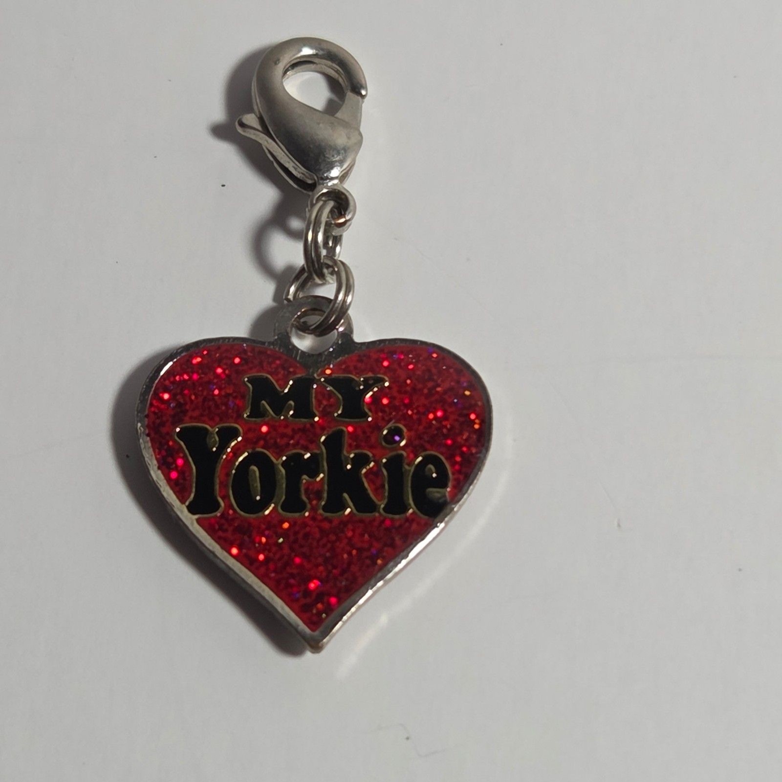 “My Yorkie” Red Glitter Heart Dog Lover Tag Pet Charm Lobster Clasp Double Sided