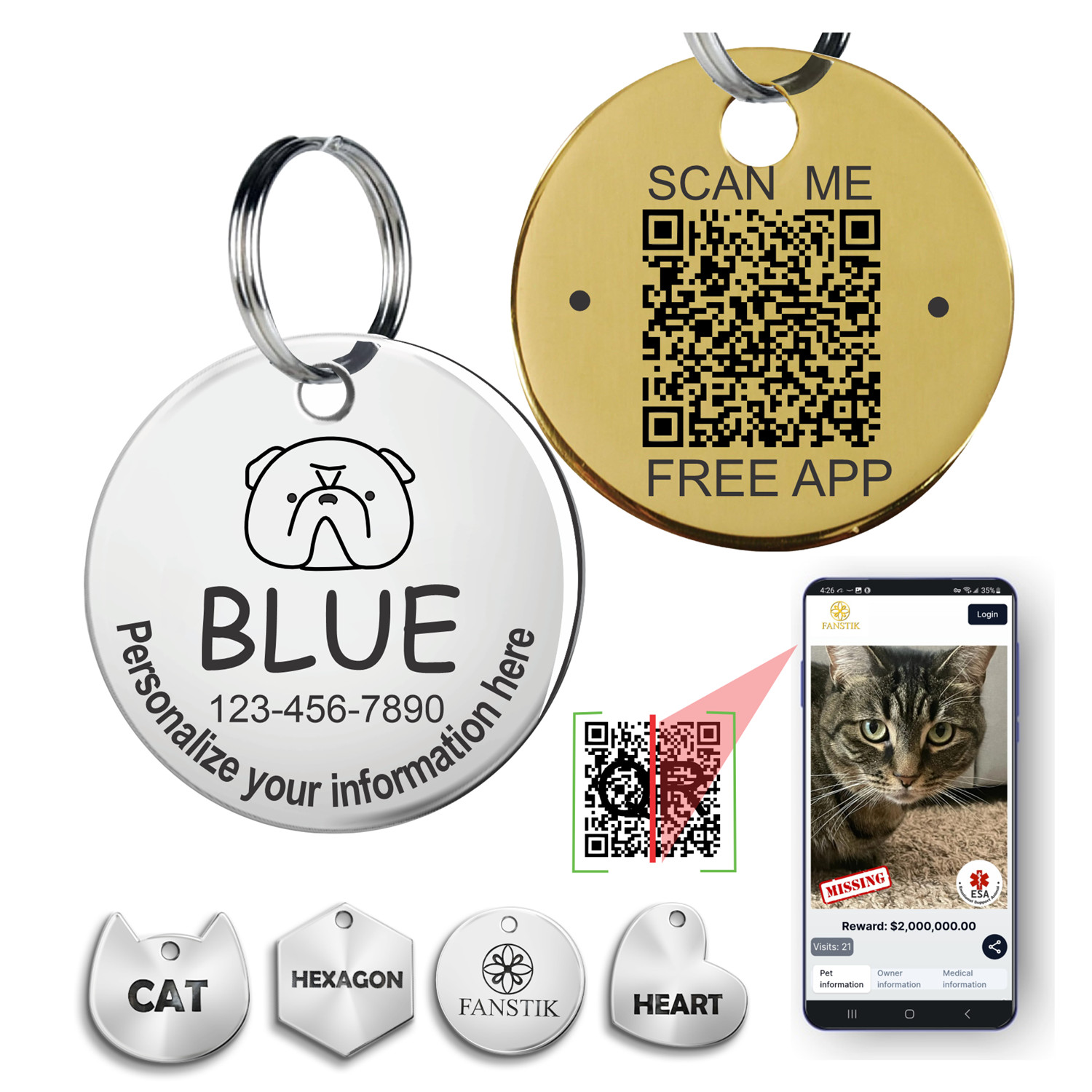 Personalized QR Code Pet Id Tag Made in USA – Customize Both Tag & Web App. Face
