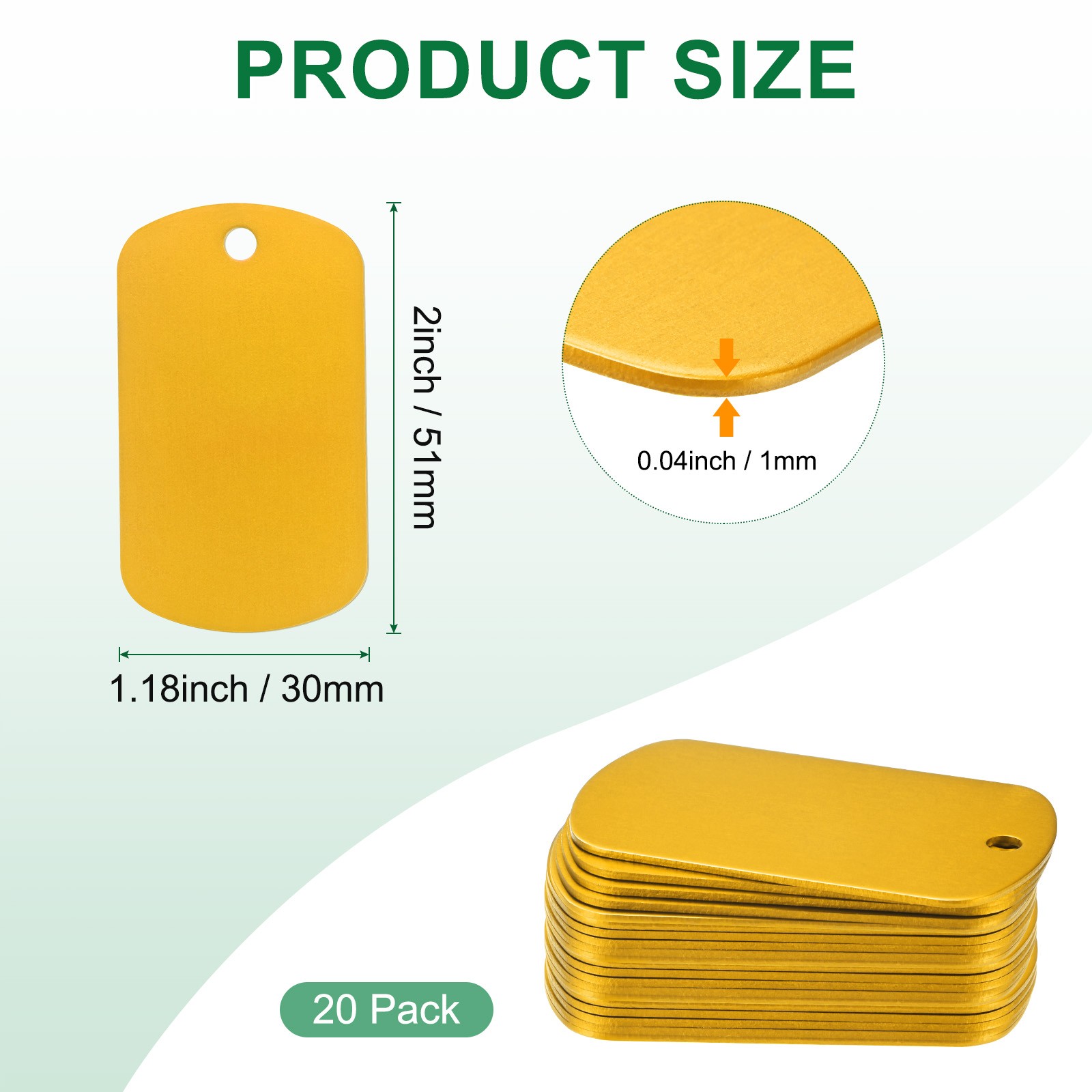 20-Pack 2″ x 1.18″ x 0.04″( L x W x T ) Blank Dog Tags [Yellow, 1 Hole]