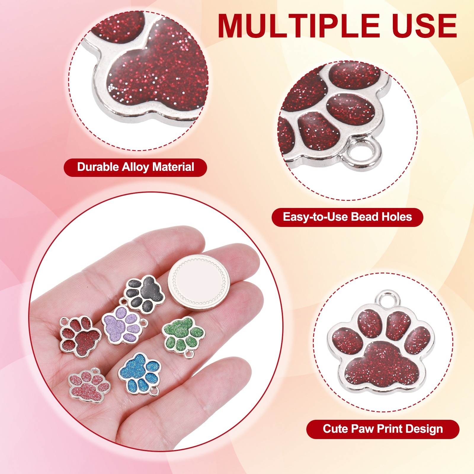 Enamel Paw Print Charms with Glitter Powder, 50Pcs(Silver Tone/Red)