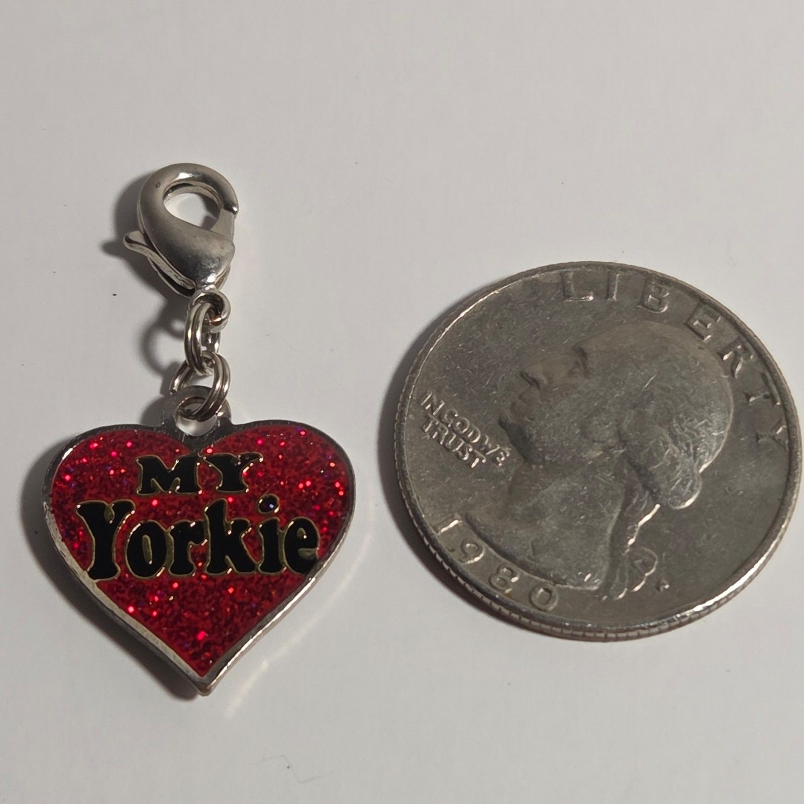 “My Yorkie” Red Glitter Heart Dog Lover Tag Pet Charm Lobster Clasp Double Sided