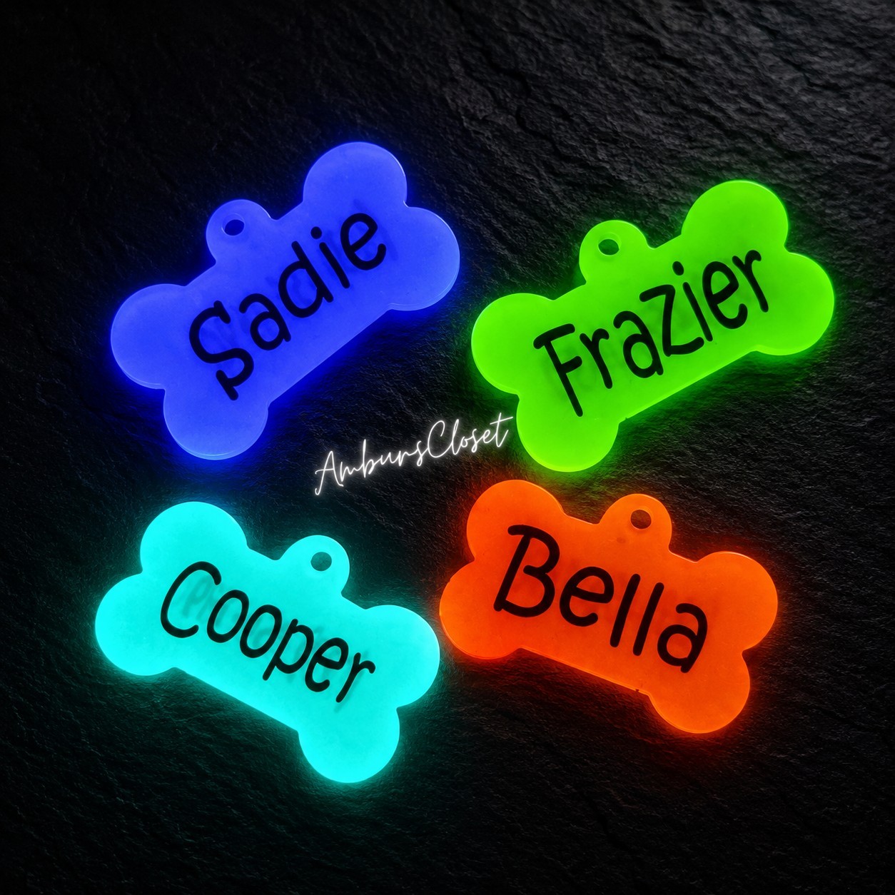 Personalized Resin Bone Dog Tag ID Customized w/ Name, Phone UV GLOW IN THE DARK