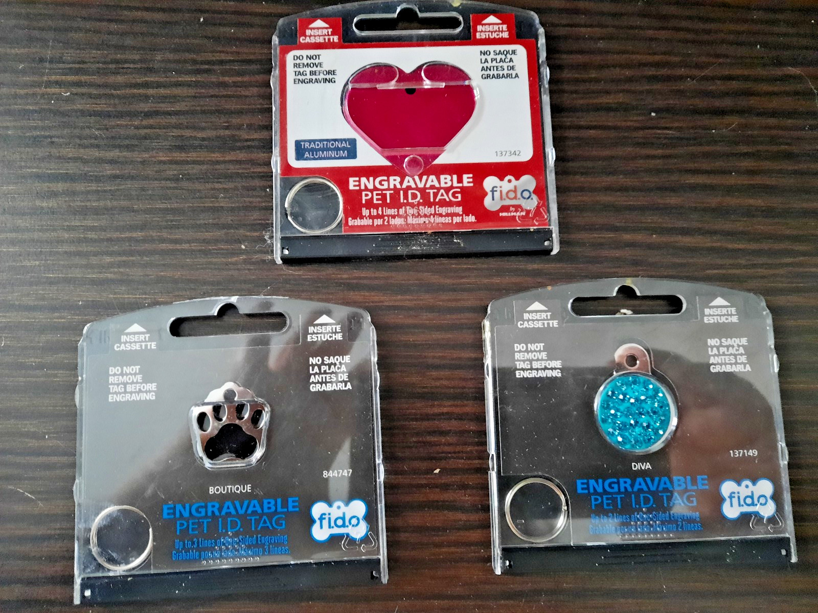 New engravable pet ID tags 1 heart, 1 paw and 1 small glitter circle