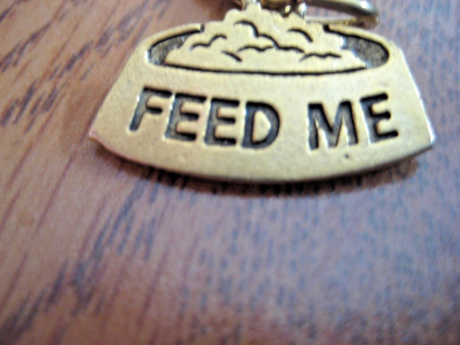 Gold Feed Me Food Bowl Shaped Dog Tag Charm Zipper Pull NEW