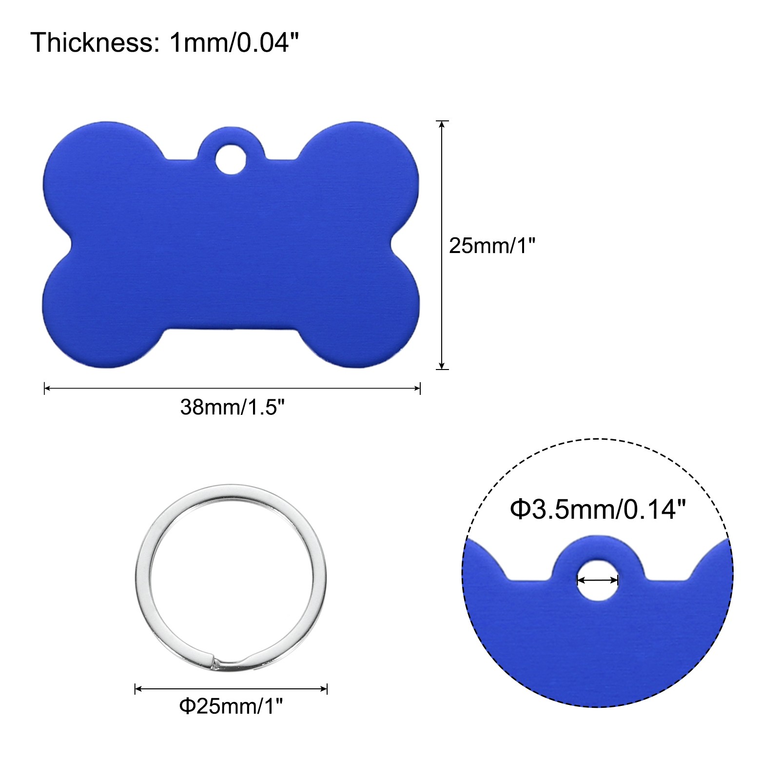 Bone Shaped Dog Tag Pet ID Tags, 1.5″x1″ Metal Blue Blank with Ring, 30pcs