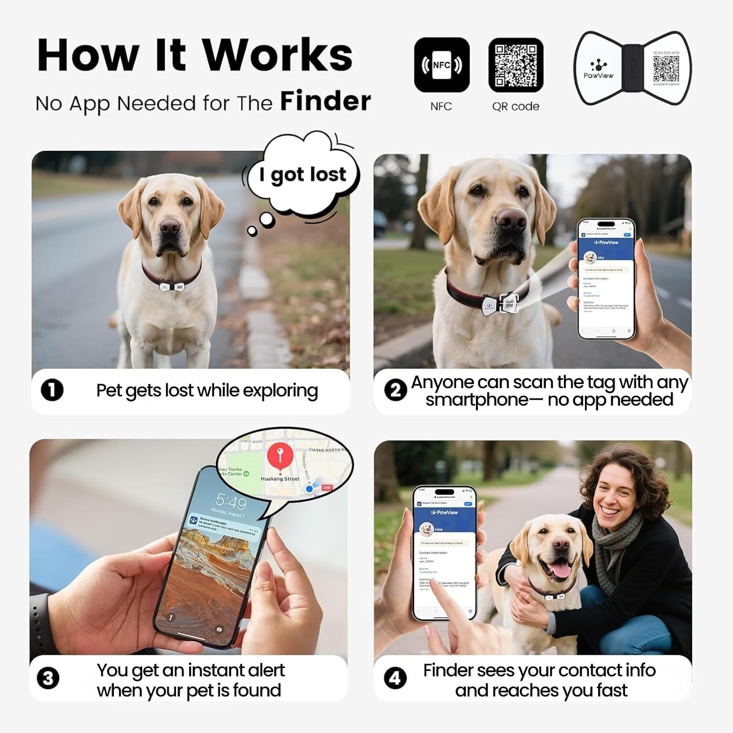 Smart Pet ID Tag, QR Code Dog Tag, No Subscription Fee, Waterproof Silent Sil…