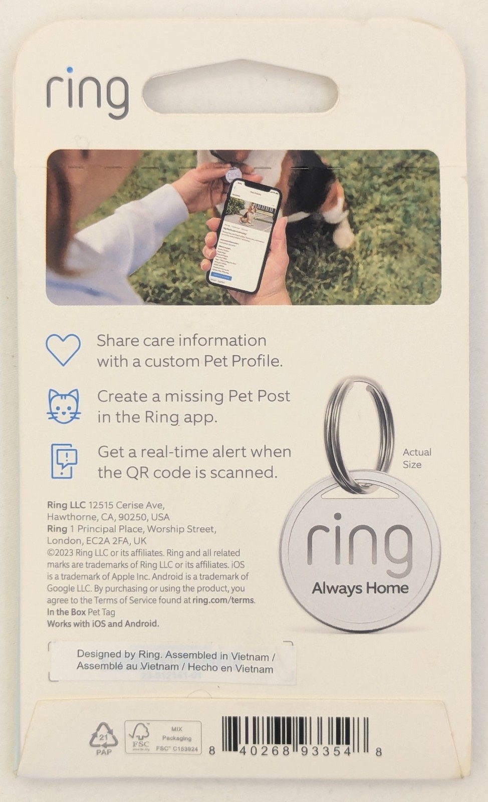 Ring Pet Tag (With QR Code) Smart Protection – With Real-Time-Scan Alerts – New
