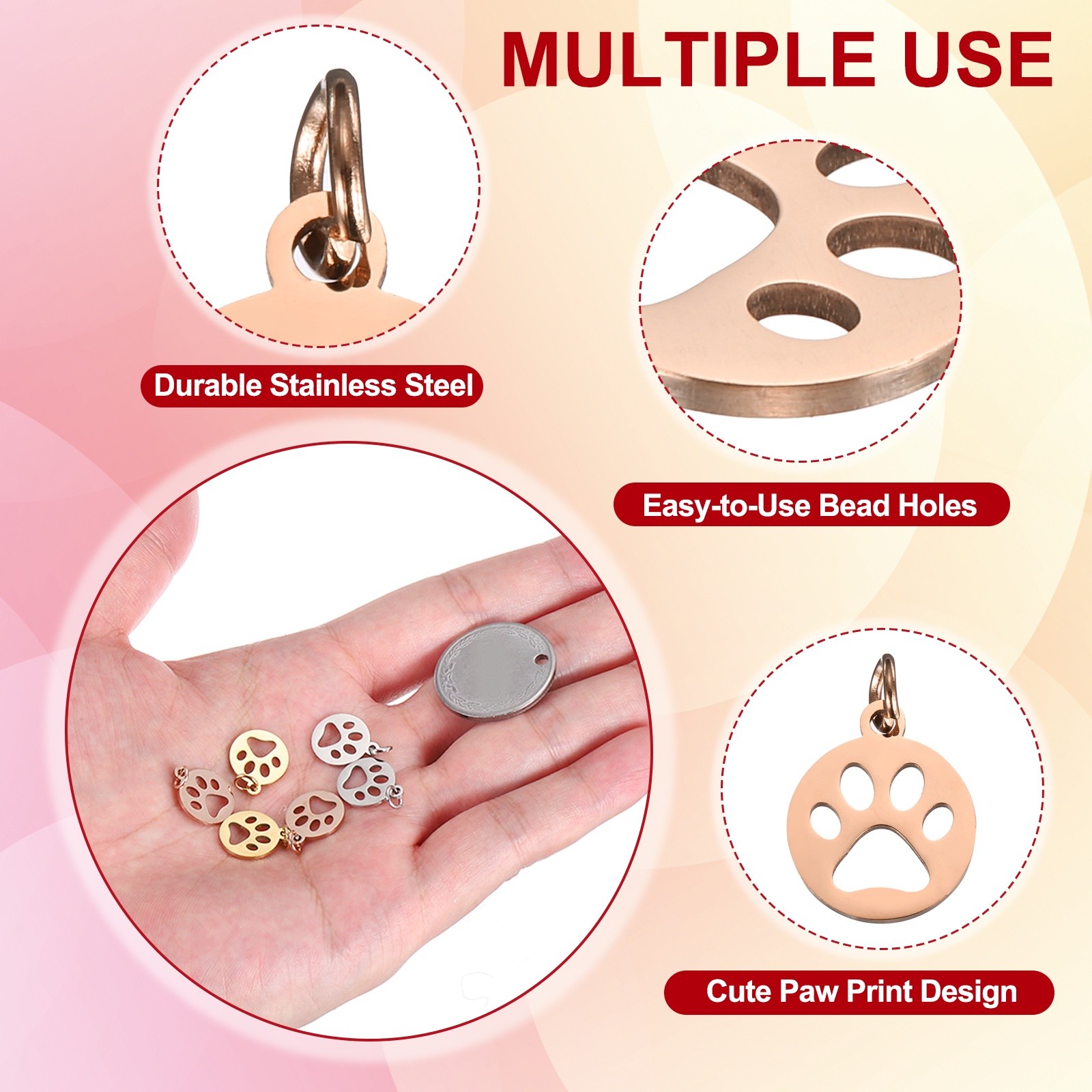 Dog Paw Print Charms 3mm, 20 Pcs Round Cat Dog Paw Pendant, Rose Gold