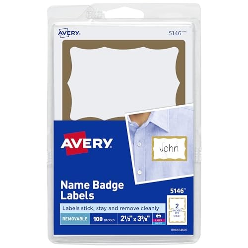 Avery Customizable Name Tags, 2-1/3″ x 3-3/8″, White Gold Border 100 badges