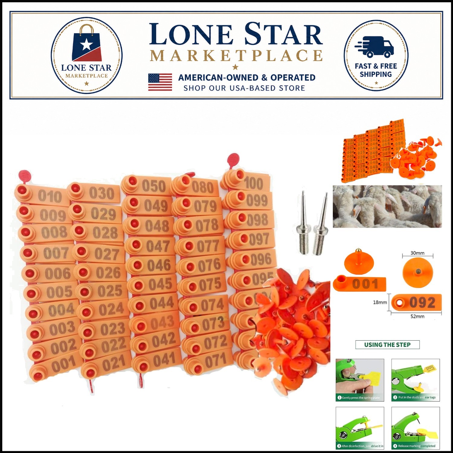 Set of 100 Numbered Goat Ear Tags 001-100 with Pins – Plastic Livestock Markers