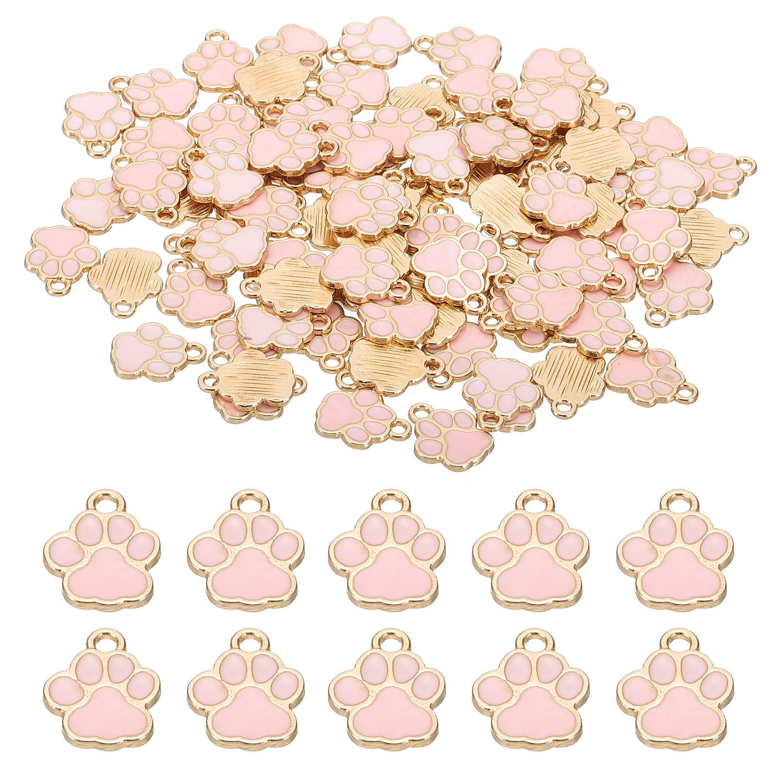 100 Pcs Pink/Gold Enamel Paw Print Charm Alloy Enamel Pendants