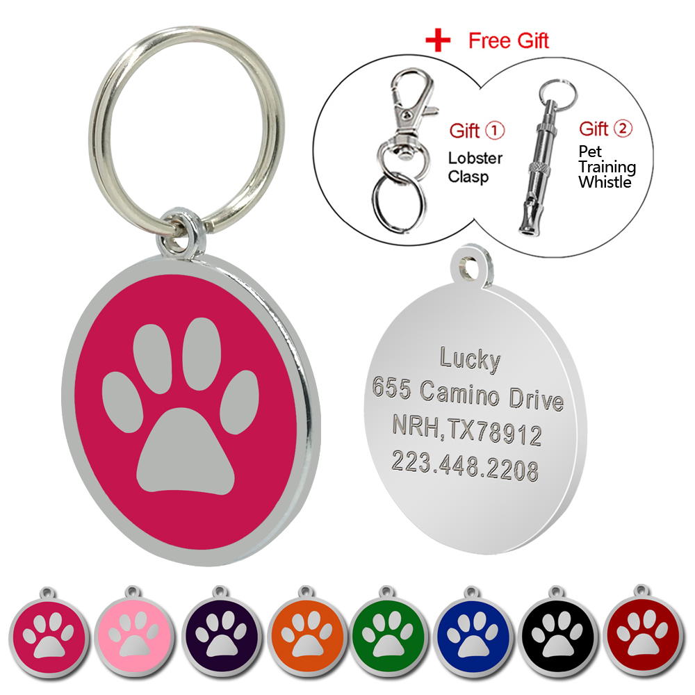 Paw Print Dog Tags Custom Pet Puppy Cat Name ID Collar Tag Engraved Free Whistle