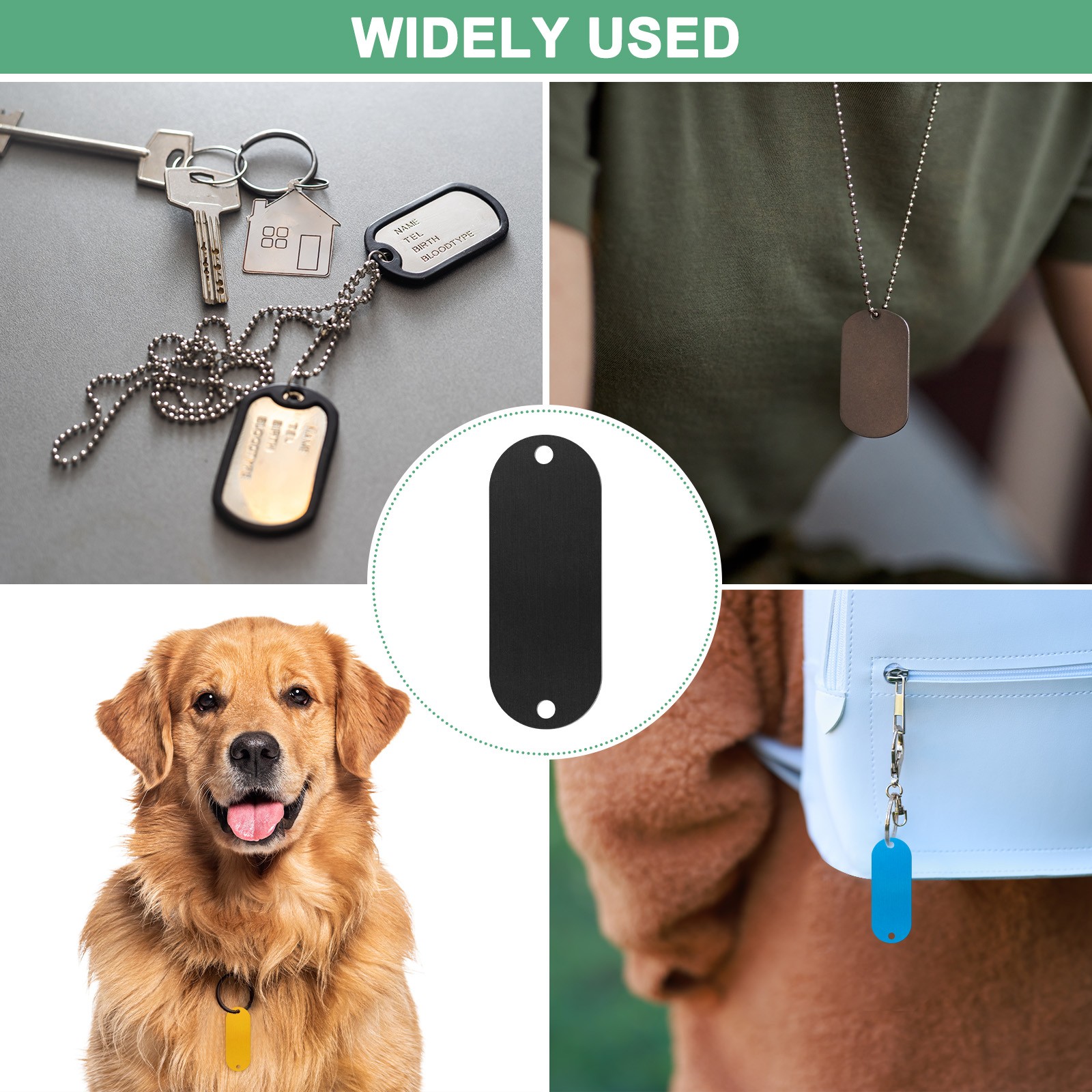 15-Pack 2″ x 0.75″ x 0.04″( L x W x T ) Blank Dog Tags [Black, 2 Holes]
