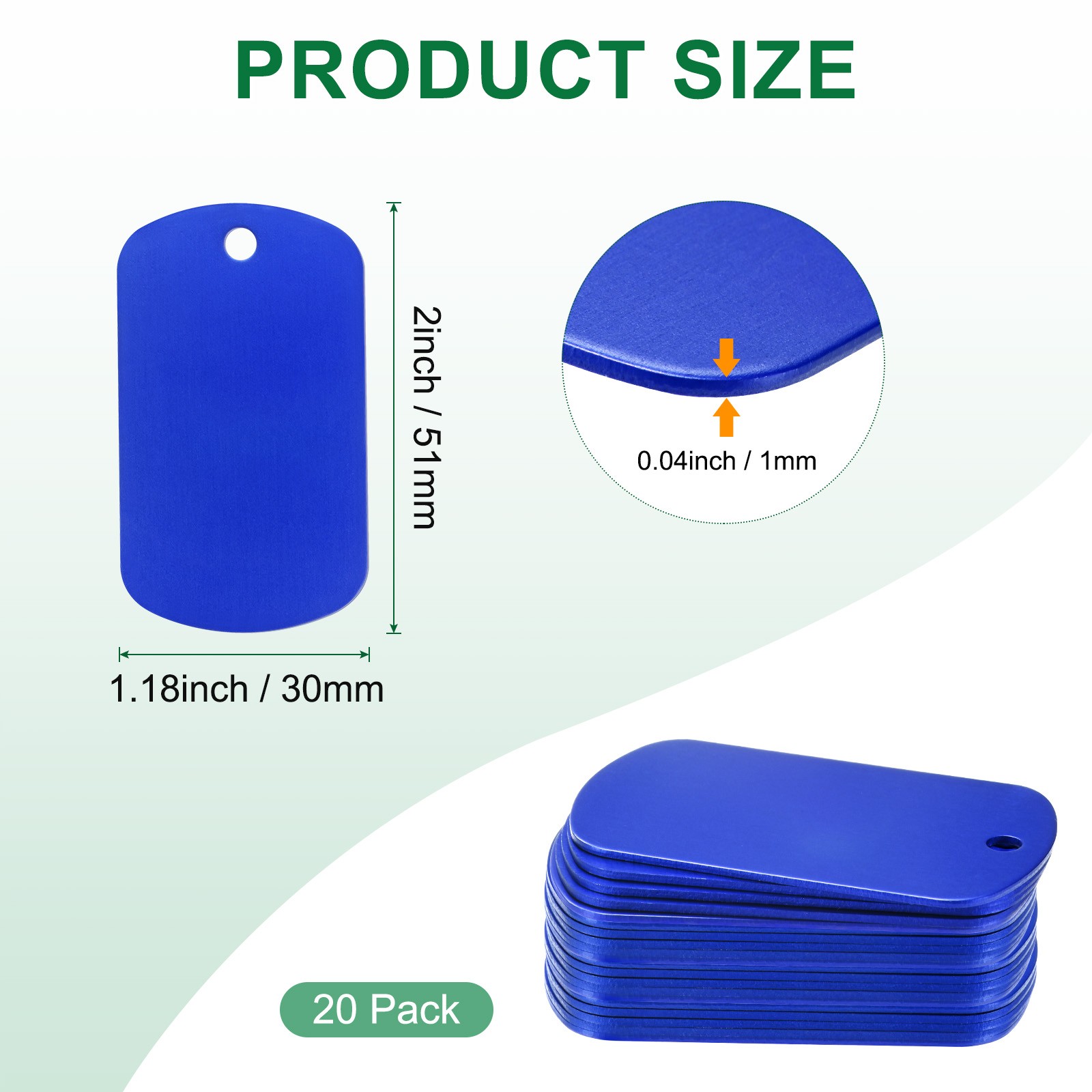 20-Pack 2″ x 1.18″ x 0.04″( L x W x T ) Blank Dog Tags [Blue, 1 Hole]