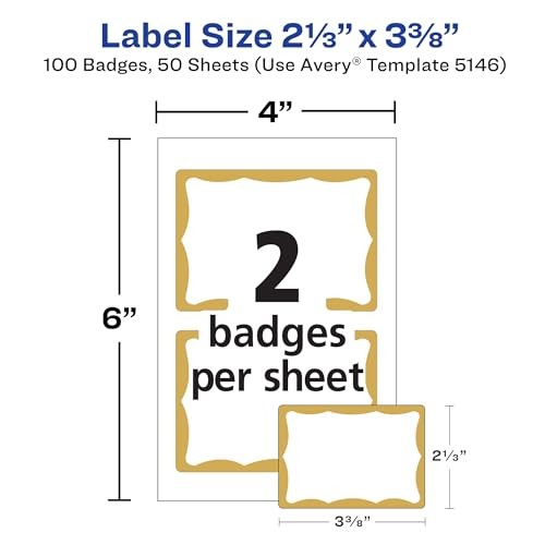 Avery Customizable Name Tags, 2-1/3″ x 3-3/8″, White Gold Border 100 badges