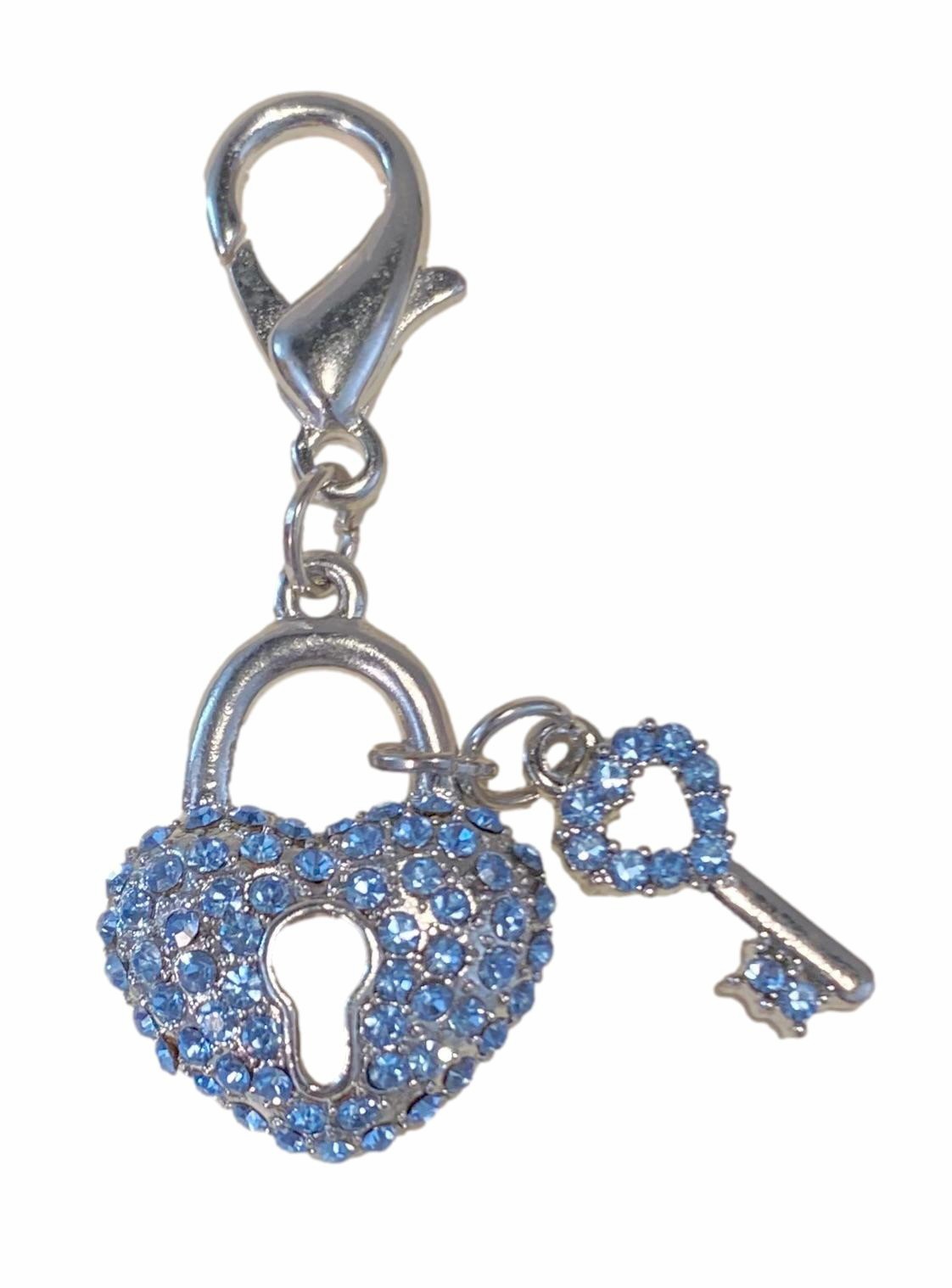 Blue or Pink Pave Crystal Key to My Heart Dog Collar Charm, Zipper Pull, etc.