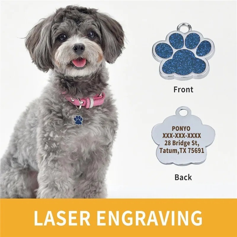 Personalized Pet ID Tag Engraved Glitter Paw Name Custom Tag for Dog Cat Collar