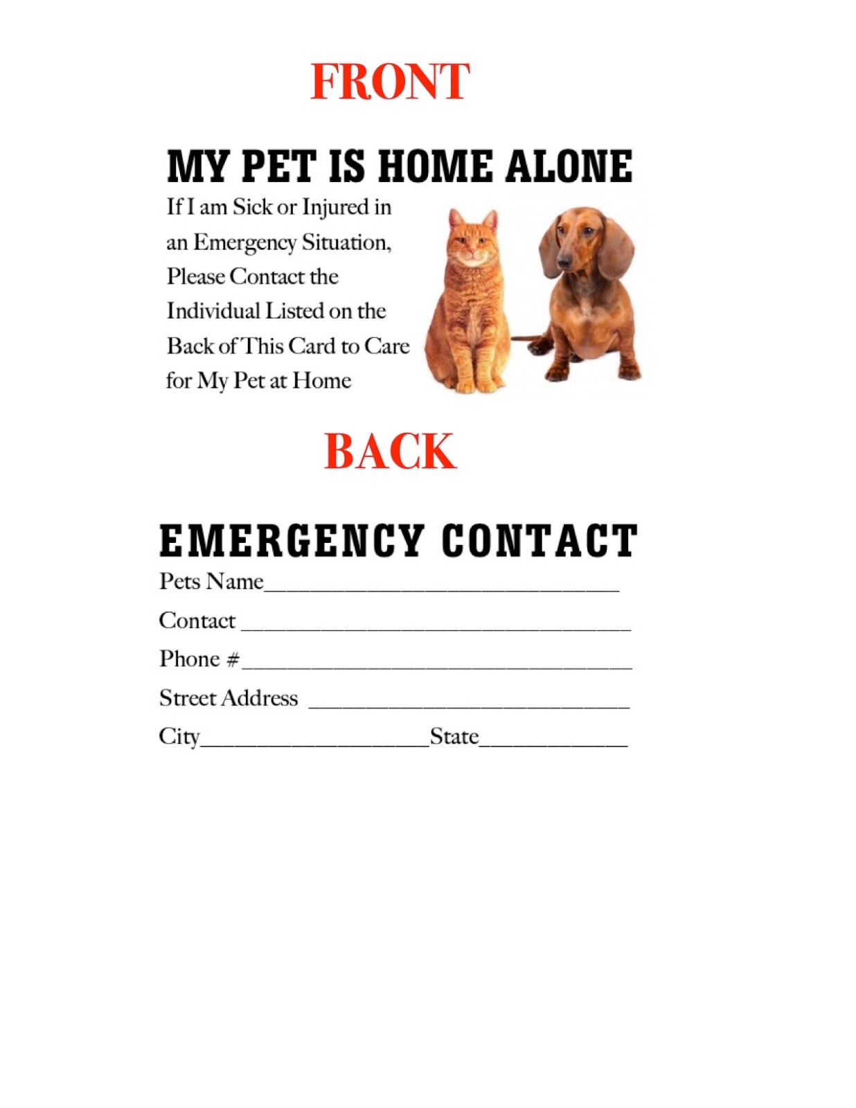 Custom Printed Pet Dog Cat Home Alone Emergency ID Wallet Medical Alert Cards