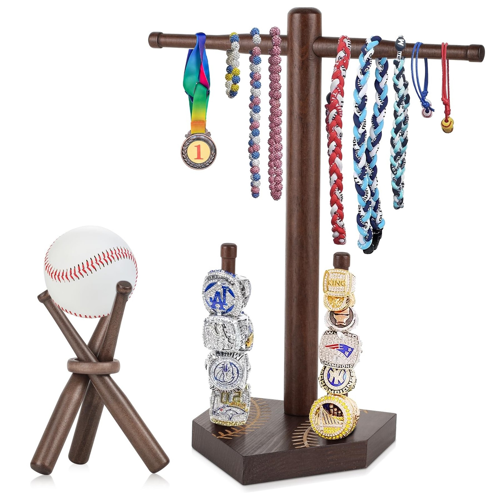 Baseball Ring & Drip Necklace Holder, Wooden Baseball or Softball Ring Displa…