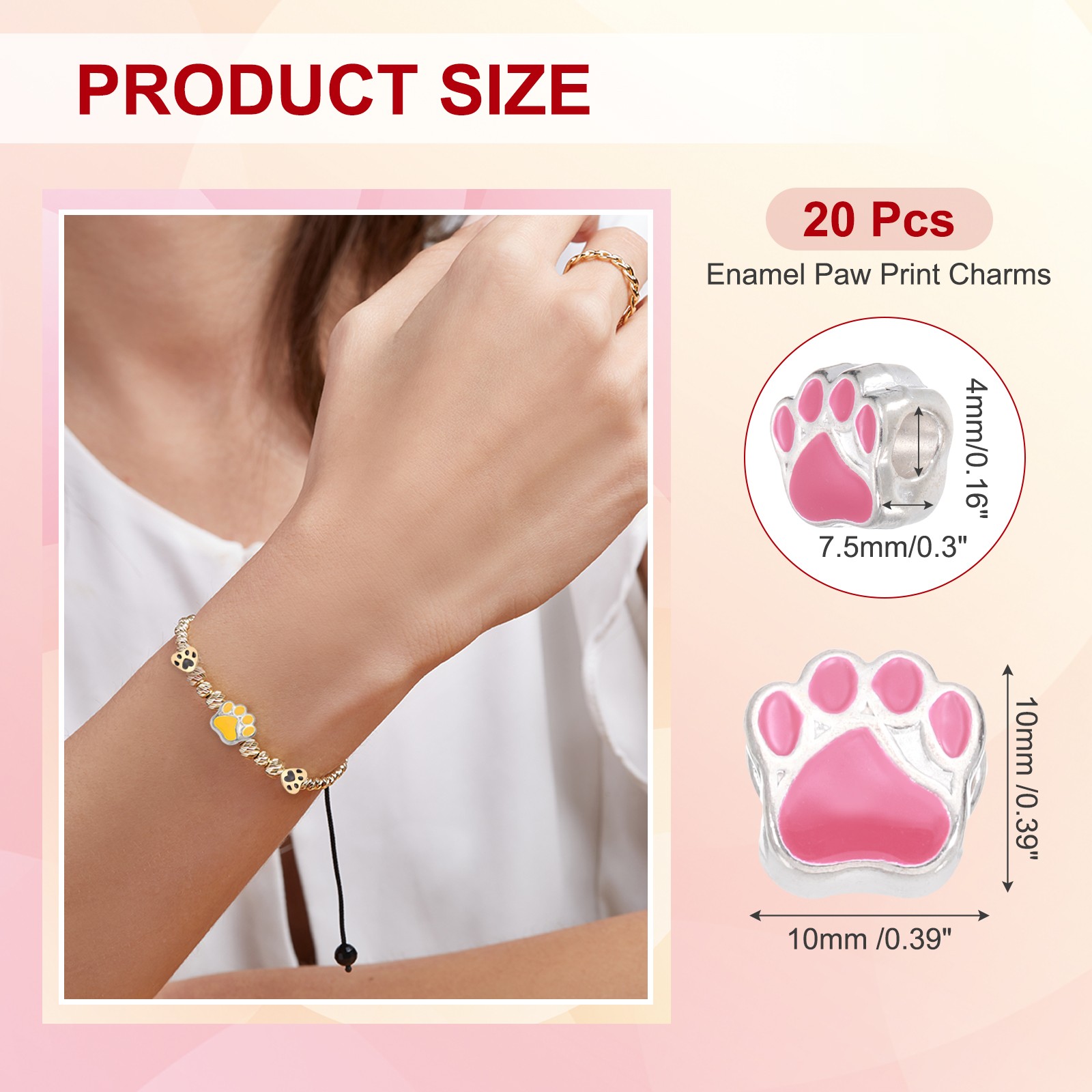 Enamel Paw Print Charms, Alloy Dog Cat Paw Large Hole Beads, 20Pcs(Rose Red)