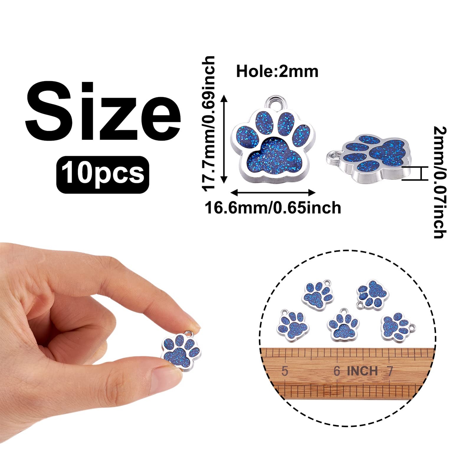 FASHEWELRY 10Pcs Alloy Dog Paw Prints 16.6mm x 17.7mm x 2mm, Royal Blue