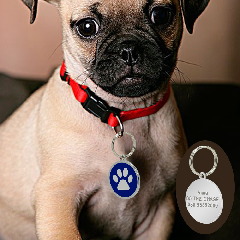 Custom Personalized Dog Tags Round Bone Paw Print Disc Free Engraved Cat ID Tag
