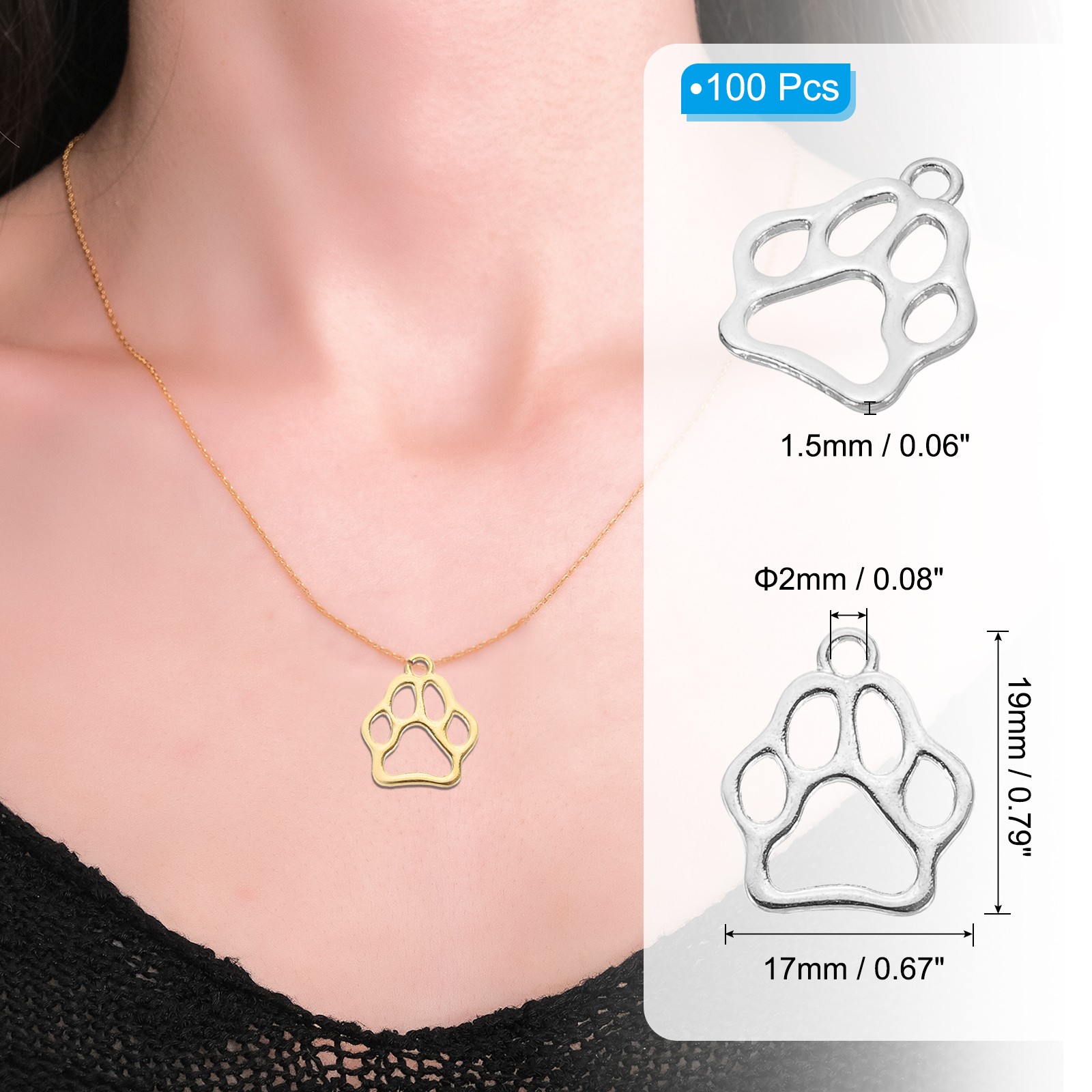 Hollow Paw Print Charm, 100Pcs Alloy Footprint Pendants, Silver Tone
