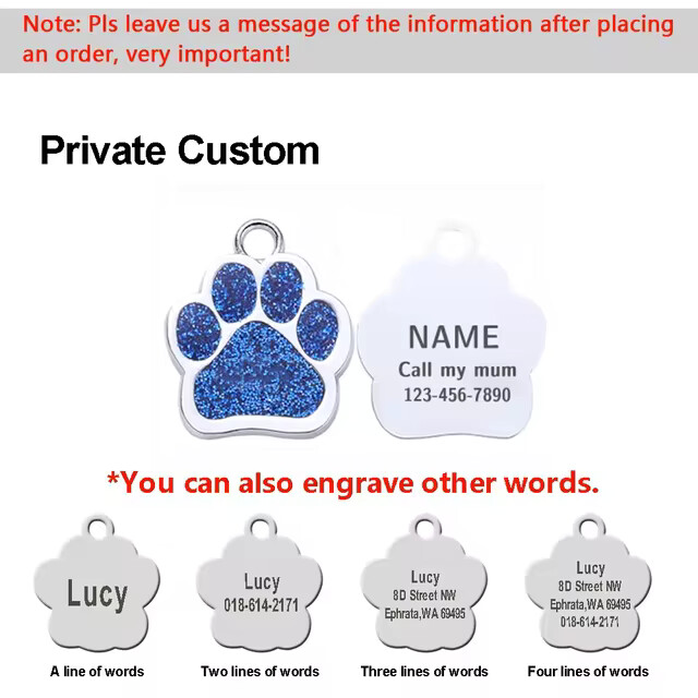 Personalized Dog Cat Tags Free Engraved Pet Puppy ID Anti-lost Name Paw Glitter