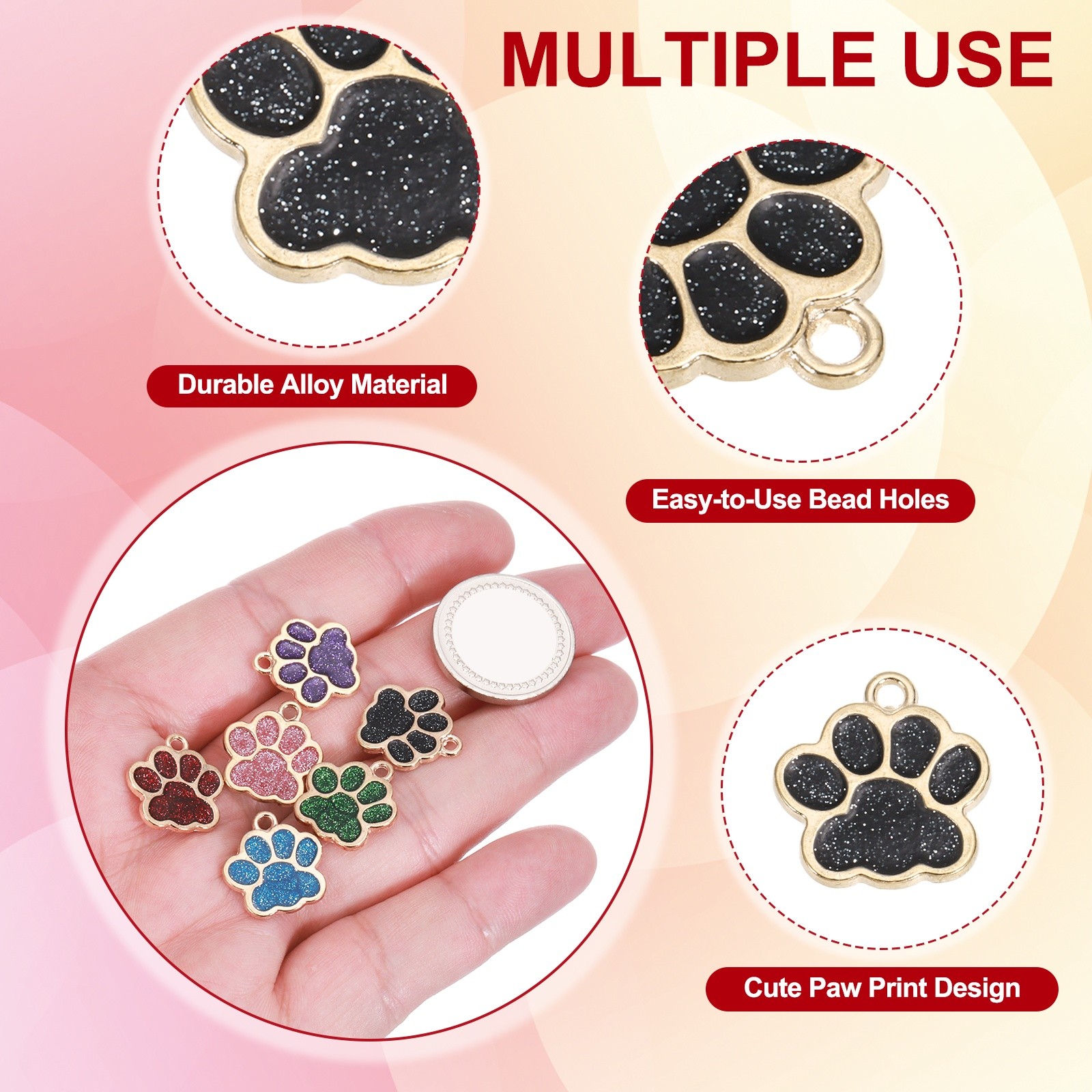 Enamel Paw Print Charms with Glitter Powder, 50Pcs(Gold Tone/Black)