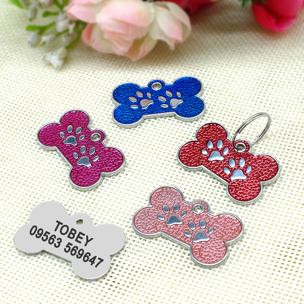 Personalized Dog Tags Engraved Cat Puppy Pet ID Name Collar Tag Bone/Paw Glitter