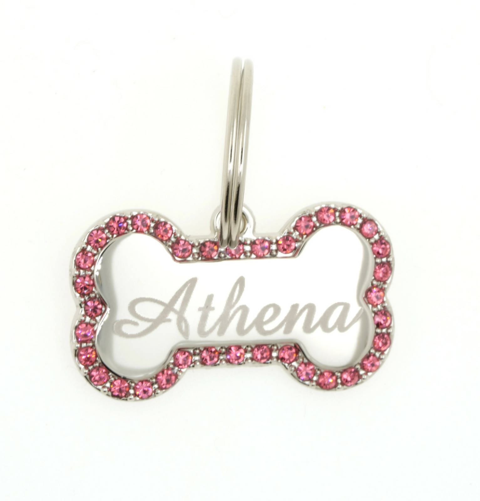 Custom Engraved Personalized Stainless Bone w/ Pink CZ Stones Dog Pet ID Tag