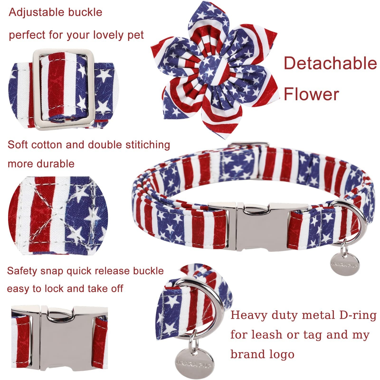Dog Collar with Flower, 4th of July Comfortable Cotton Dog Collar, American F…