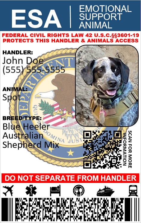 EMOTIONAL SUPPORT ANIMAL ID CARD ESA PHYSICAL & DIGITAL CUSTOMIZABLE 1 SIDED