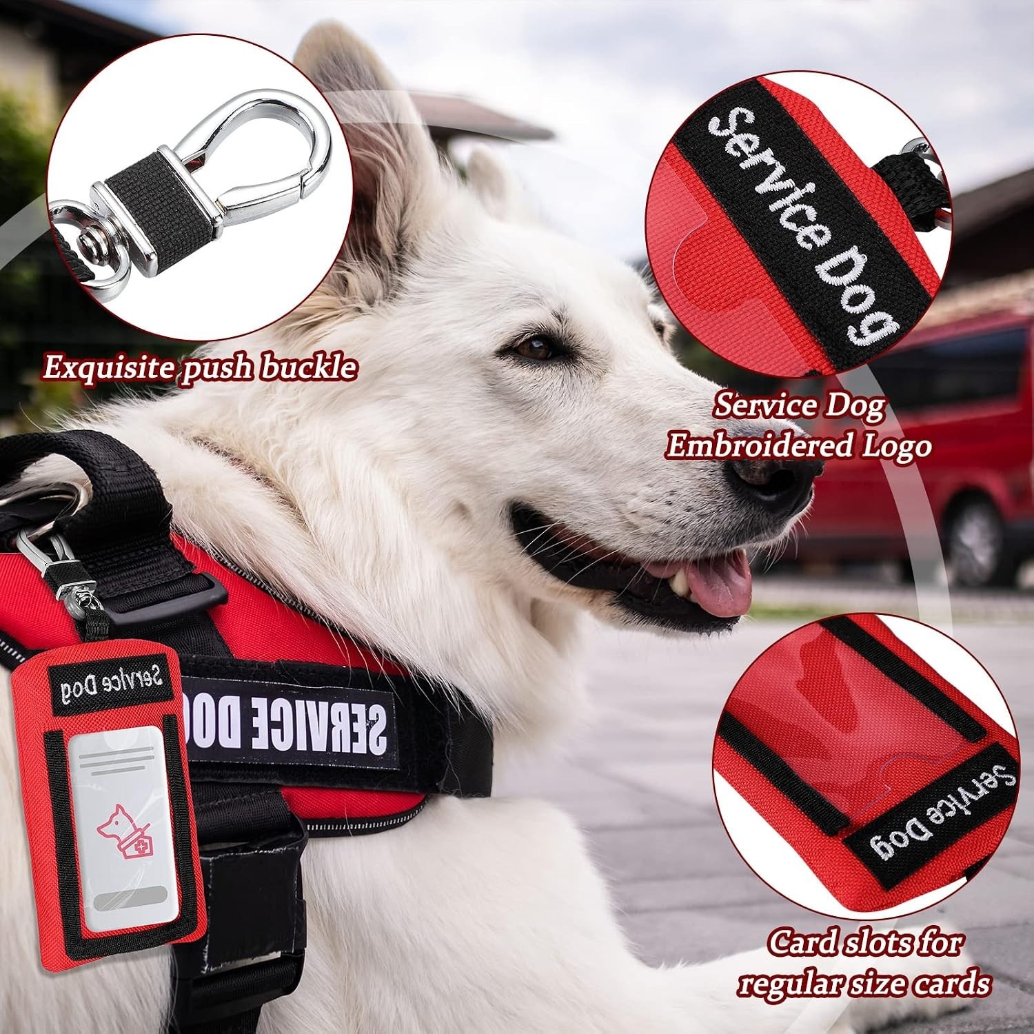 2 Pcs Bold Red Service Dog ID Holders with Clip-On Design and Zippered Pouch