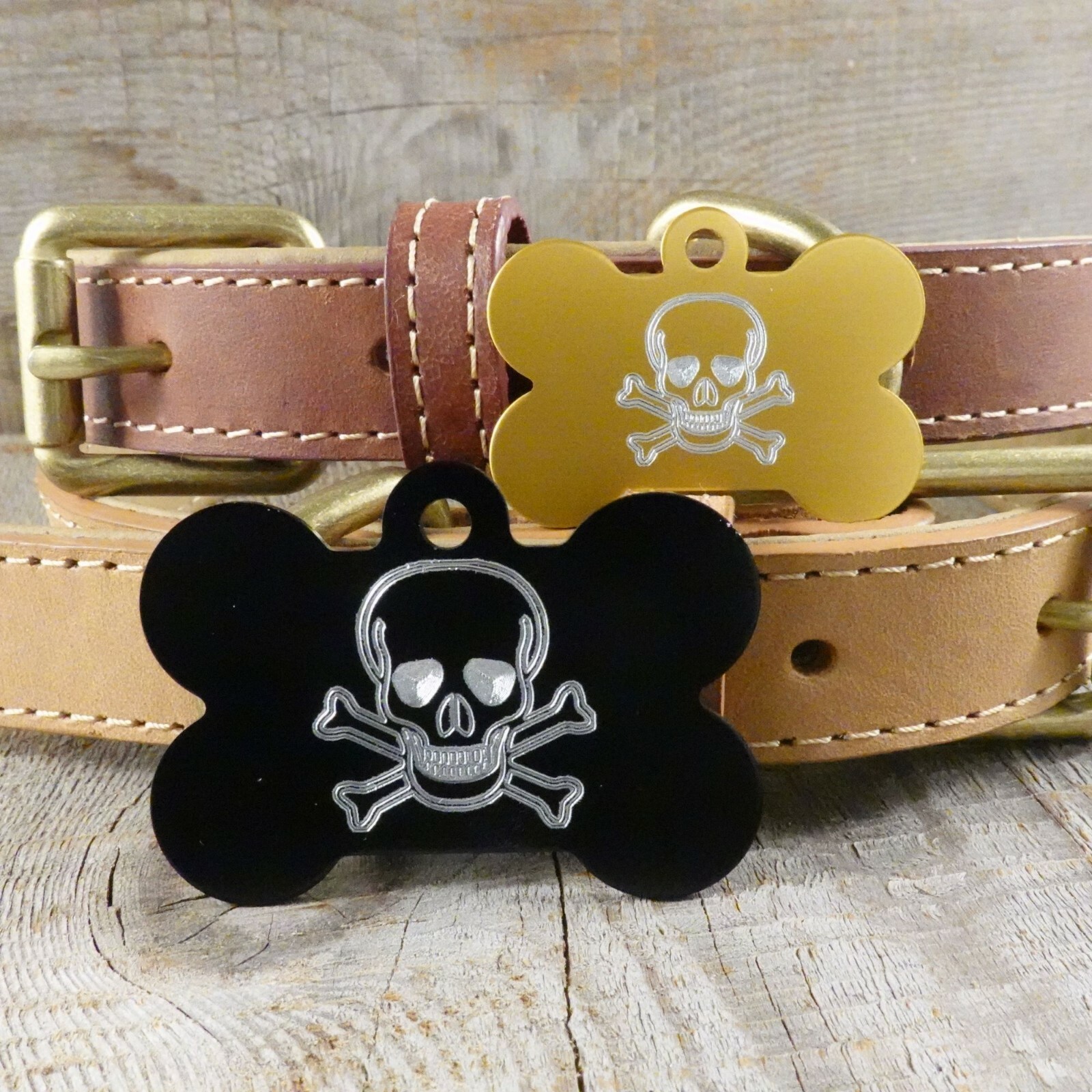 SKULL CROSSBONES PIRATE PET TAG DOG BONE CUSTOM DIAMOND ENGRAVED ON BACK 2 SIZES