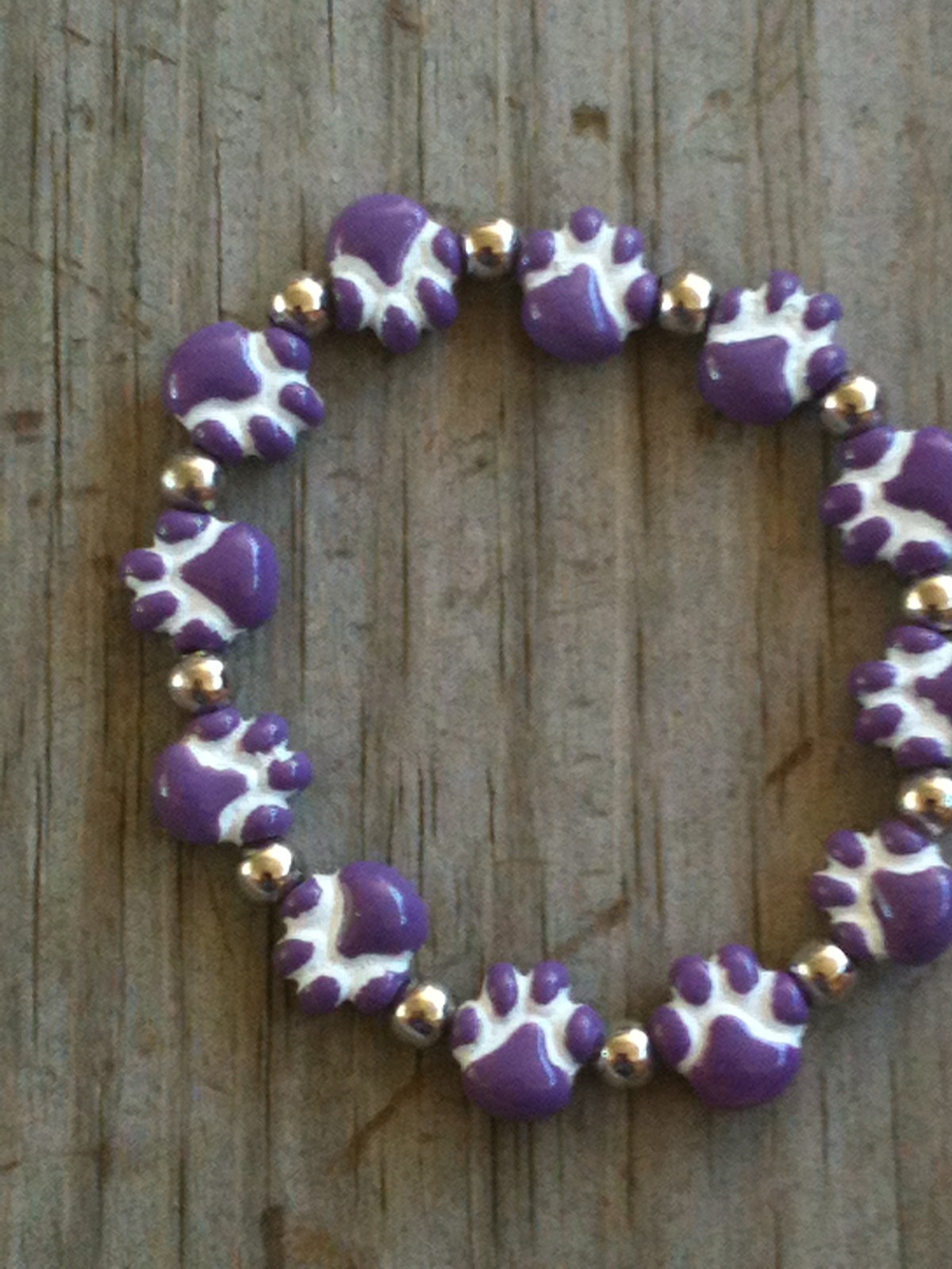 Hand-painted Ceramic Purple Paw Print 6″ Stretchy Bracelet